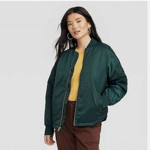 A New Day Dark Green Satin Bomber Jacket Women's Large New